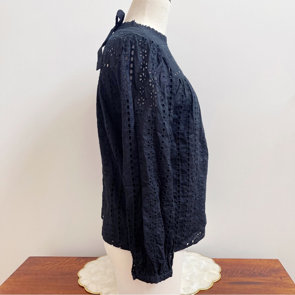 JCrew Black Eyelet Ribbon Tie Long Sleeve Cotton Blouse XS - Picture 3 of 12